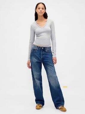 GAP Classic Grey Long Sleeve V-Neck Top NWT Large